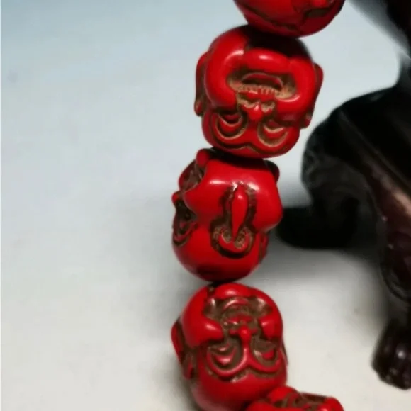 Good Chinese Old Collection Exquisite Red Coral Carved Buddha head Bracelet SD4
